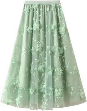 Women's Midi Tulle Skirt Elastic Waist Plus Size Mesh Formal Prom Party Tutu Skirt A Line Long Skirt