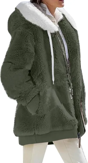 Womens Oversized Fleece Hoodie Sherpa Jacket Full Zip Up Fuzzy Hooded Coats Shaggy Warm Winter Outerwear with Pockets