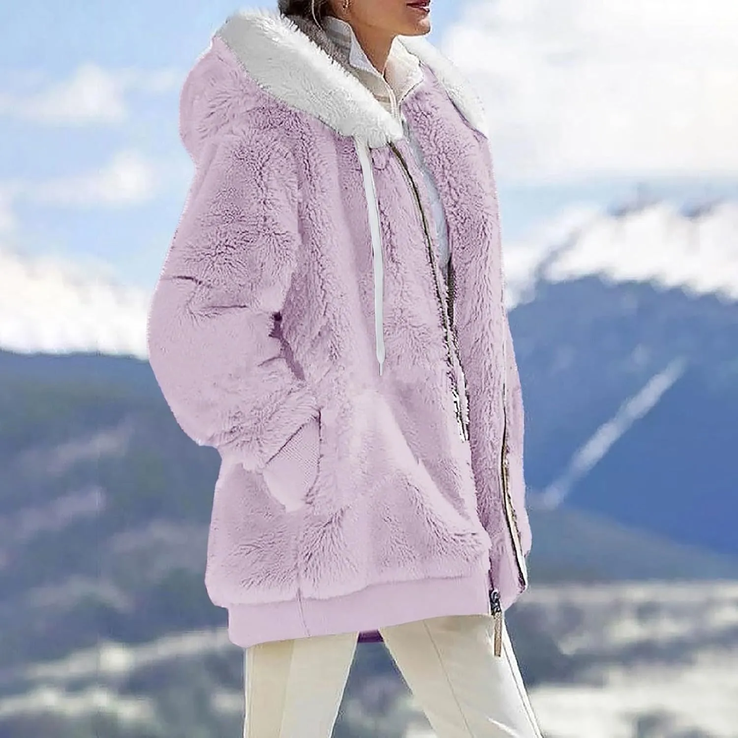 Womens Oversized Fleece Hoodie Sherpa Jacket Full Zip Up Fuzzy Hooded Coats Shaggy Warm Winter Outerwear with Pockets