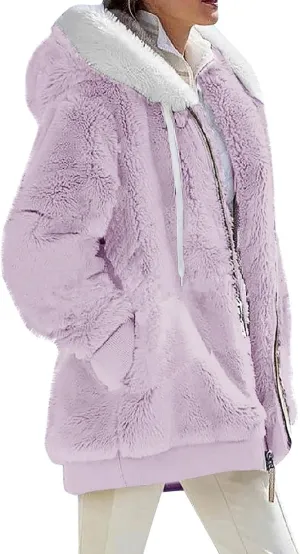 Womens Oversized Fleece Hoodie Sherpa Jacket Full Zip Up Fuzzy Hooded Coats Shaggy Warm Winter Outerwear with Pockets