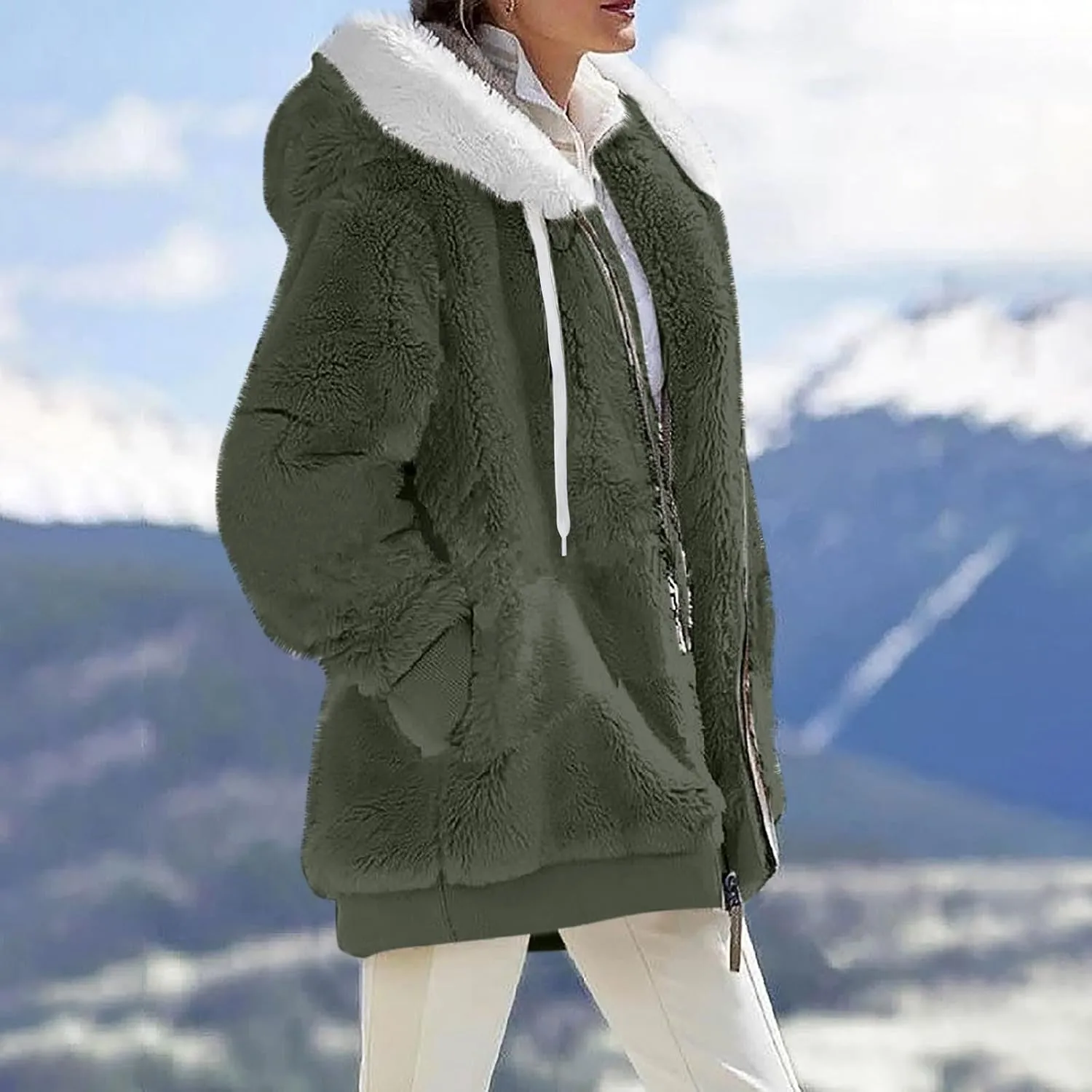 Womens Oversized Fleece Hoodie Sherpa Jacket Full Zip Up Fuzzy Hooded Coats Shaggy Warm Winter Outerwear with Pockets