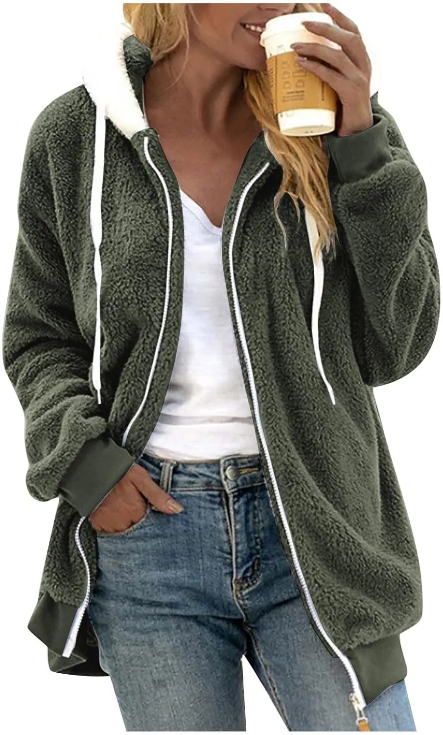 Womens Oversized Fleece Hoodie Sherpa Jacket Full Zip Up Fuzzy Hooded Coats Shaggy Warm Winter Outerwear with Pockets