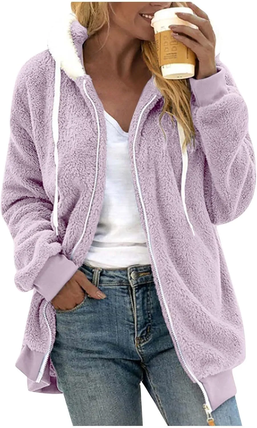 Womens Oversized Fleece Hoodie Sherpa Jacket Full Zip Up Fuzzy Hooded Coats Shaggy Warm Winter Outerwear with Pockets