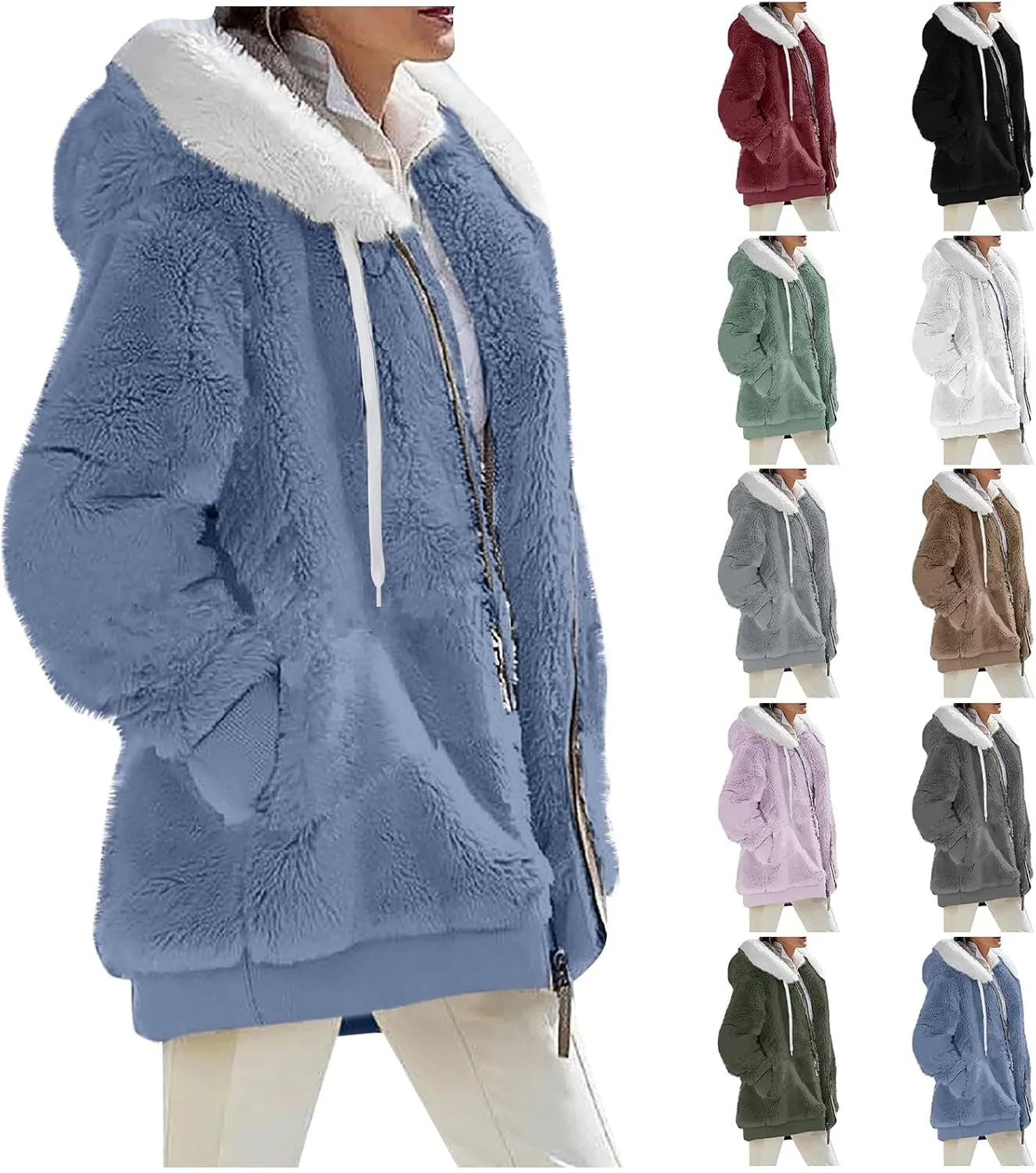 Womens Oversized Fleece Hoodie Sherpa Jacket Full Zip Up Fuzzy Hooded Coats Shaggy Warm Winter Outerwear with Pockets