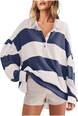 Women's Oversized Sweatshirt Button Striped Graphic Print Pullover Tops Casual Comfy Fashion Sweatshirts