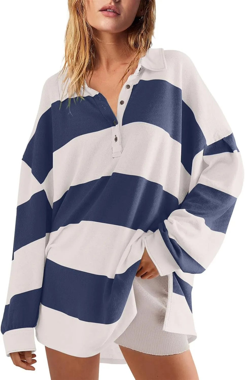 Women's Oversized Sweatshirt Button Striped Graphic Print Pullover Tops Casual Comfy Fashion Sweatshirts