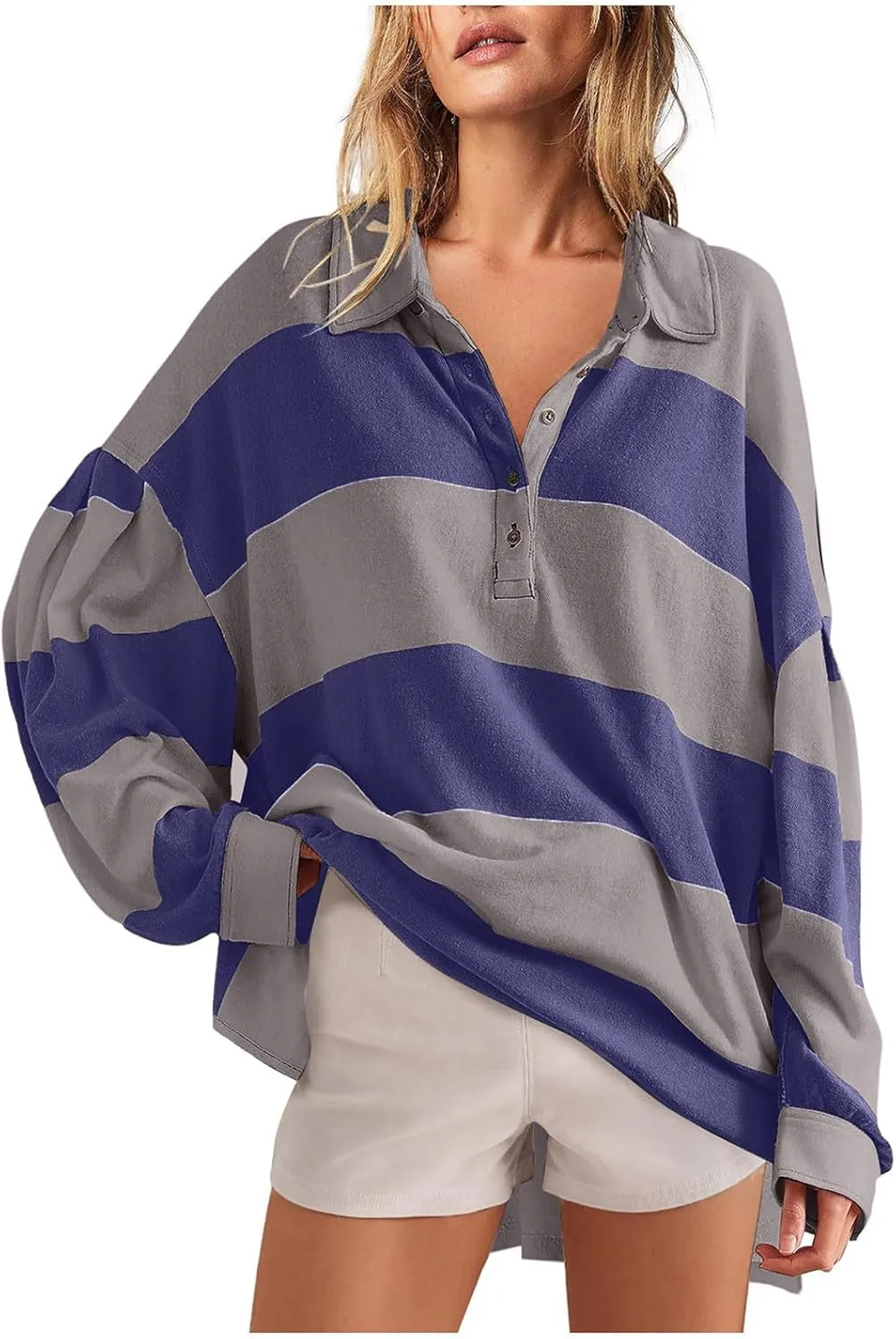 Women's Oversized Sweatshirt Button Striped Graphic Print Pullover Tops Casual Comfy Fashion Sweatshirts