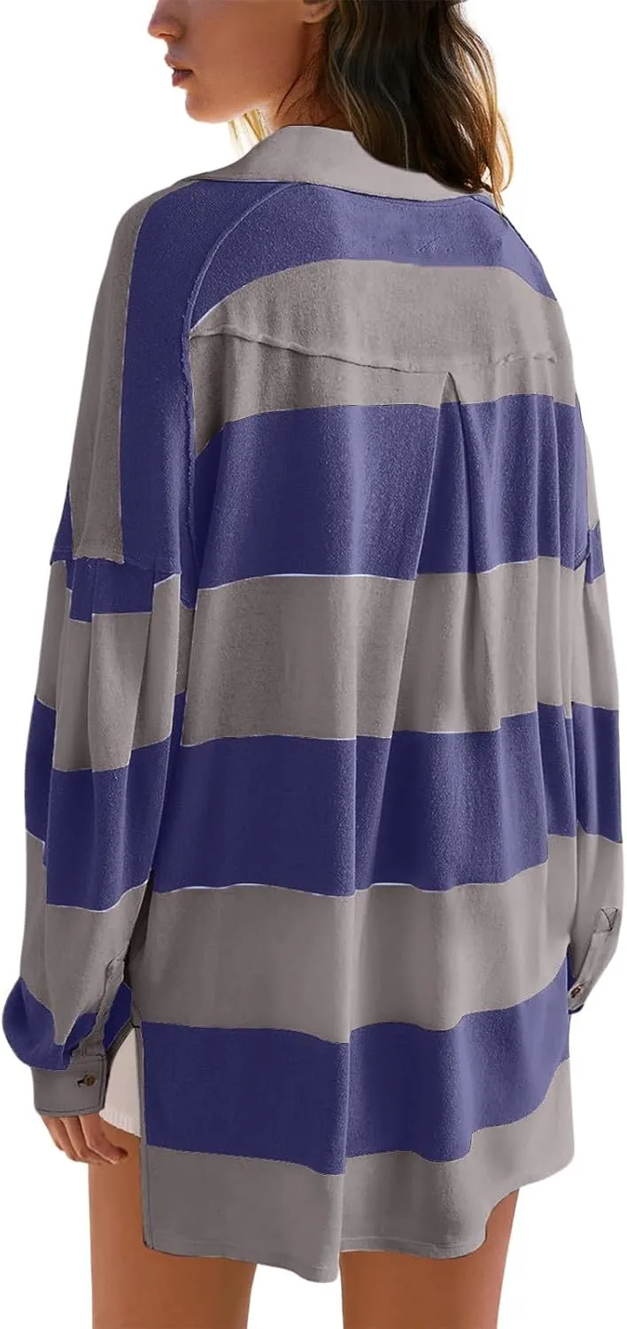 Women's Oversized Sweatshirt Button Striped Graphic Print Pullover Tops Casual Comfy Fashion Sweatshirts