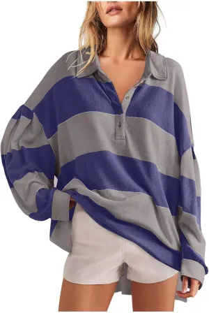 Women's Oversized Sweatshirt Button Striped Graphic Print Pullover Tops Casual Comfy Fashion Sweatshirts