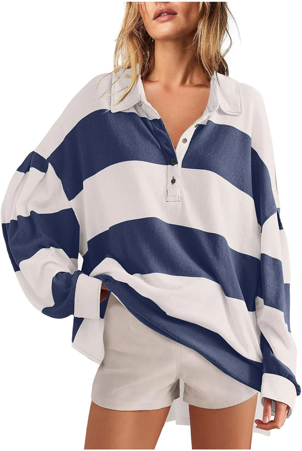 Women's Oversized Sweatshirt Button Striped Graphic Print Pullover Tops Casual Comfy Fashion Sweatshirts