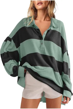 Women's Oversized Sweatshirt Button Striped Graphic Print Pullover Tops Casual Comfy Fashion Sweatshirts