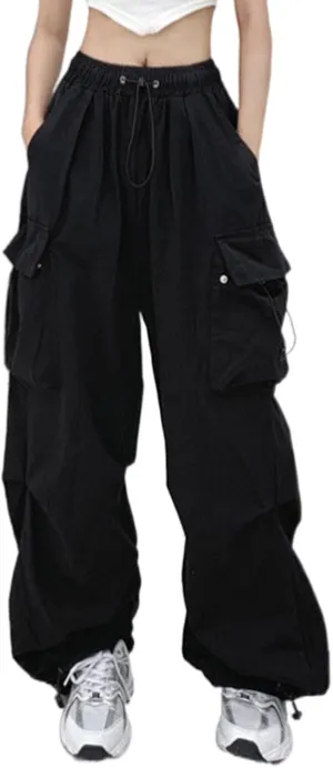 Women's Plus Size Camo Cargo Pants High Waist Adjustable Straight Relaxed Fit Baggy Parachute Hiking Pants with Pocket