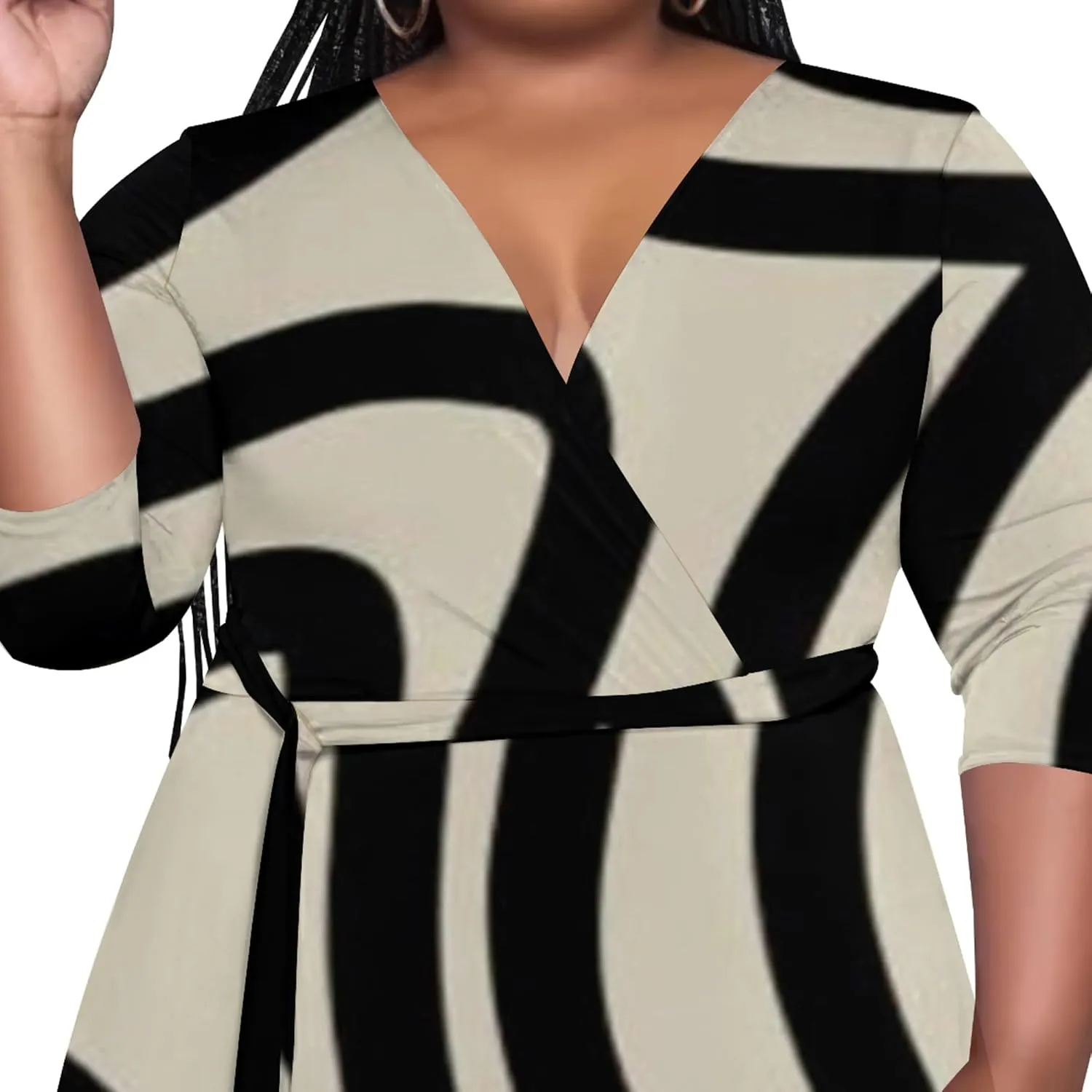 Women's Plus Size Maxi Dress African Art Pattern Print Flowing Dress Summer Sexy V Neck 3/4 Sleeve Dress with Belt