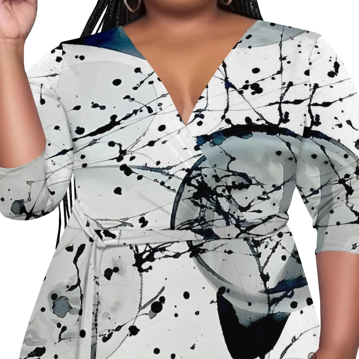 Women's Plus Size Maxi Dress African Art Pattern Print Flowing Dress Summer Sexy V Neck 3/4 Sleeve Dress with Belt