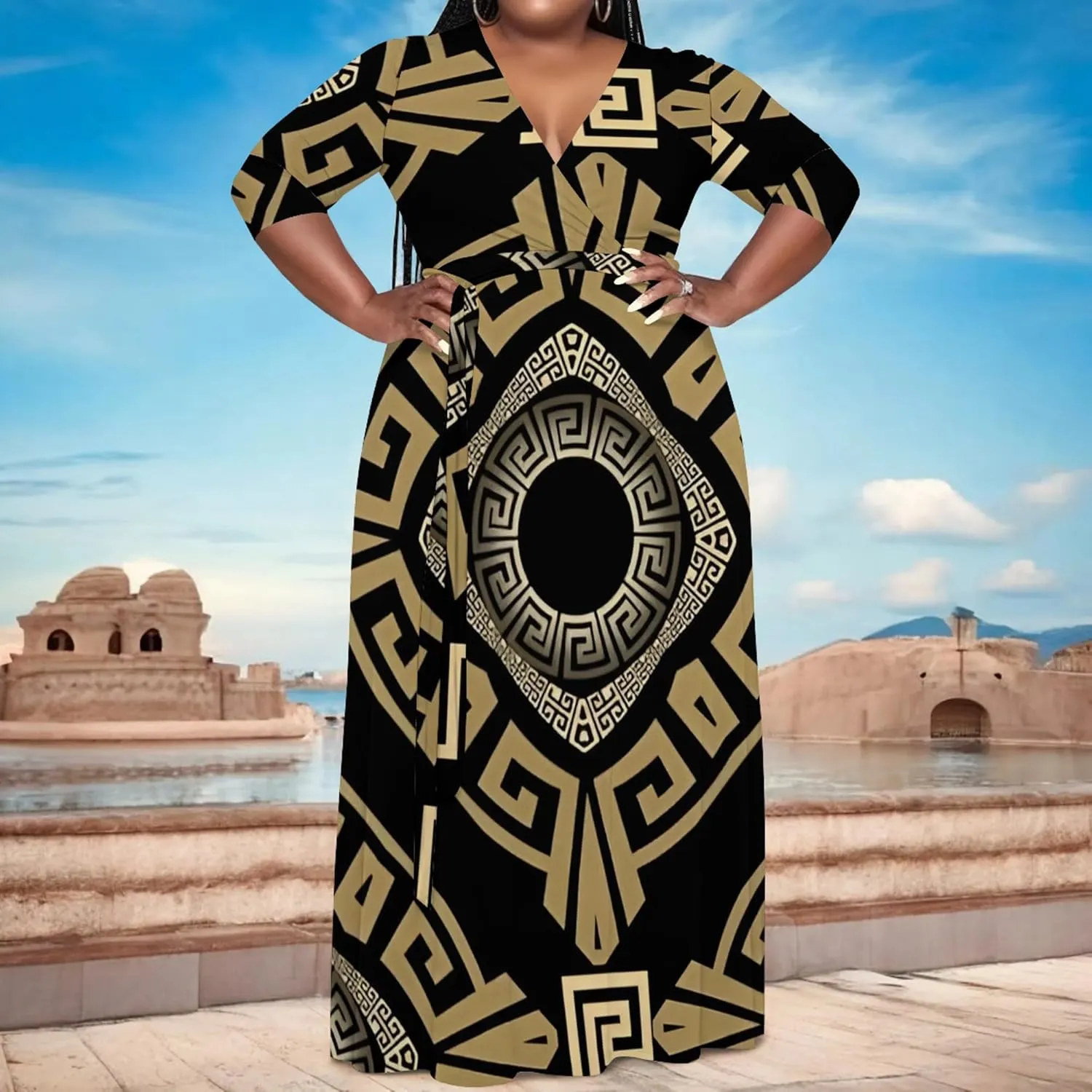 Women's Plus Size Maxi Dress African Art Pattern Print Flowing Dress Summer Sexy V Neck 3/4 Sleeve Dress with Belt
