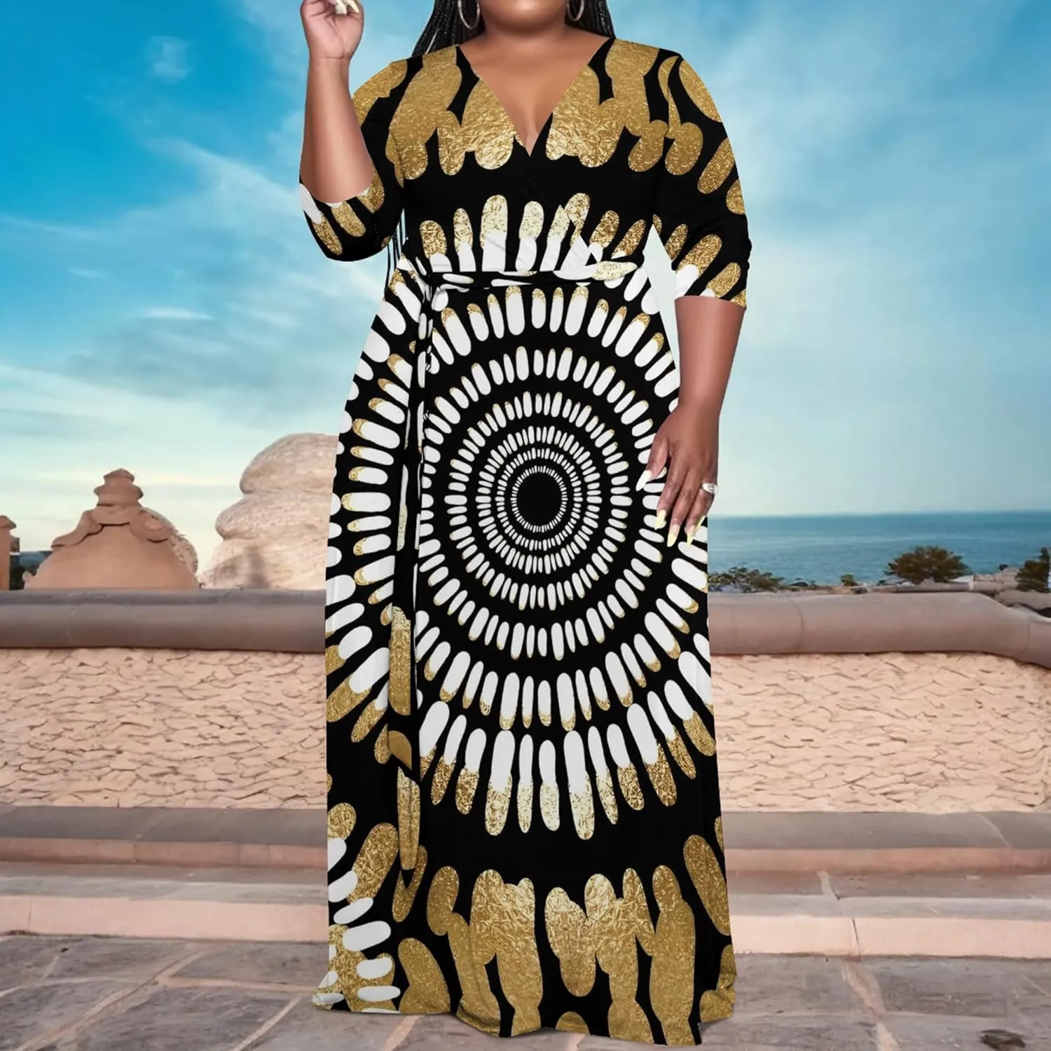 Women's Plus Size Maxi Dress African Art Pattern Print Flowing Dress Summer Sexy V Neck 3/4 Sleeve Dress with Belt