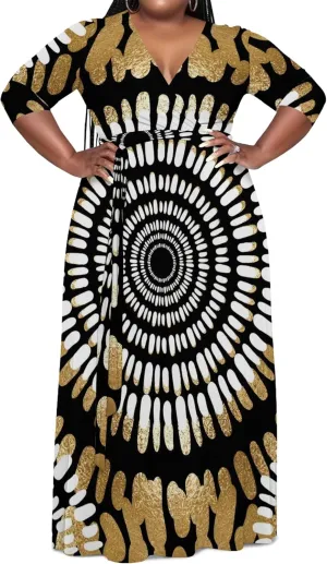 Women's Plus Size Maxi Dress African Art Pattern Print Flowing Dress Summer Sexy V Neck 3/4 Sleeve Dress with Belt