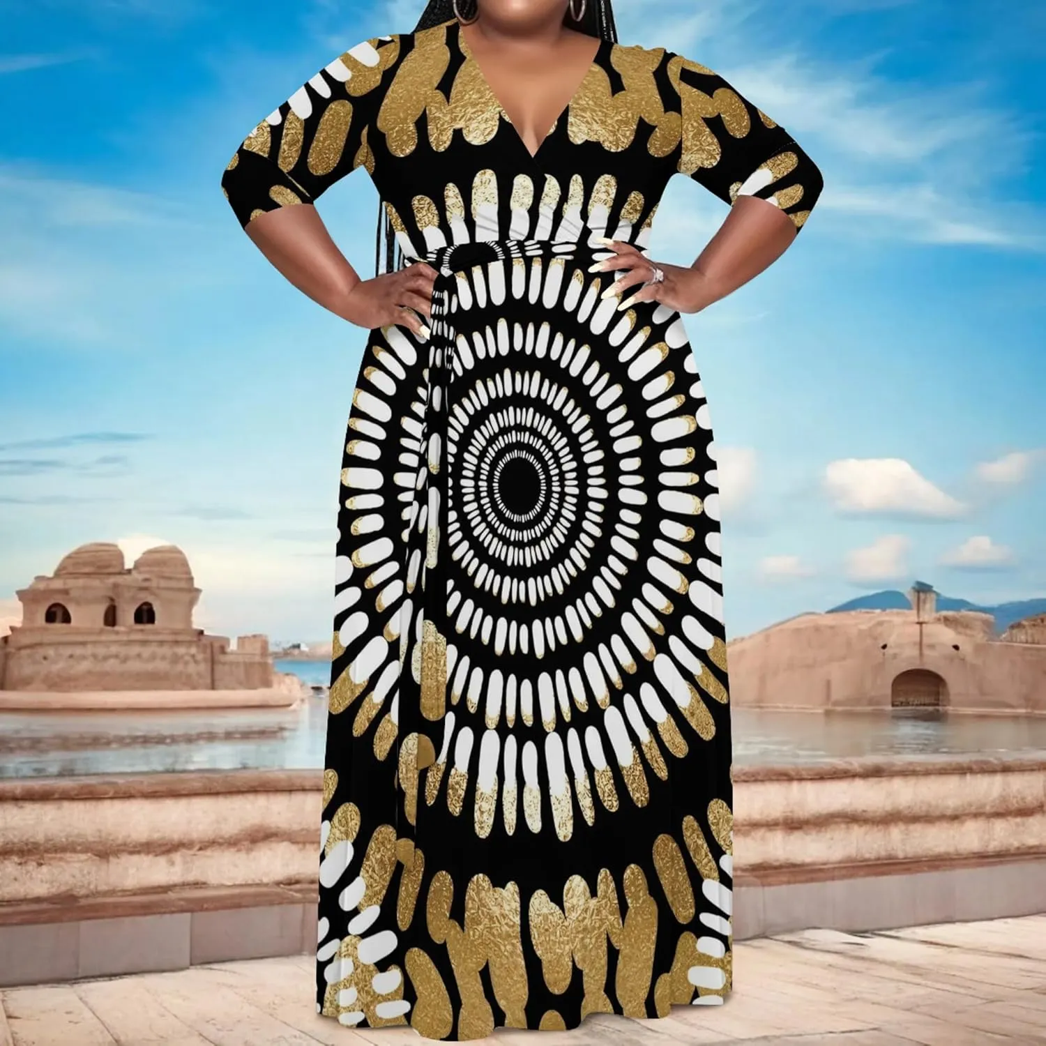 Women's Plus Size Maxi Dress African Art Pattern Print Flowing Dress Summer Sexy V Neck 3/4 Sleeve Dress with Belt