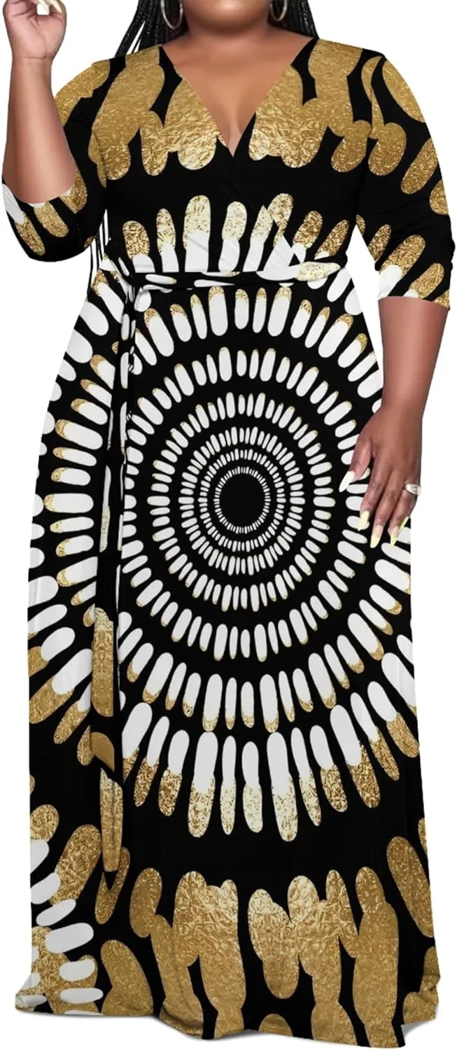 Women's Plus Size Maxi Dress African Art Pattern Print Flowing Dress Summer Sexy V Neck 3/4 Sleeve Dress with Belt