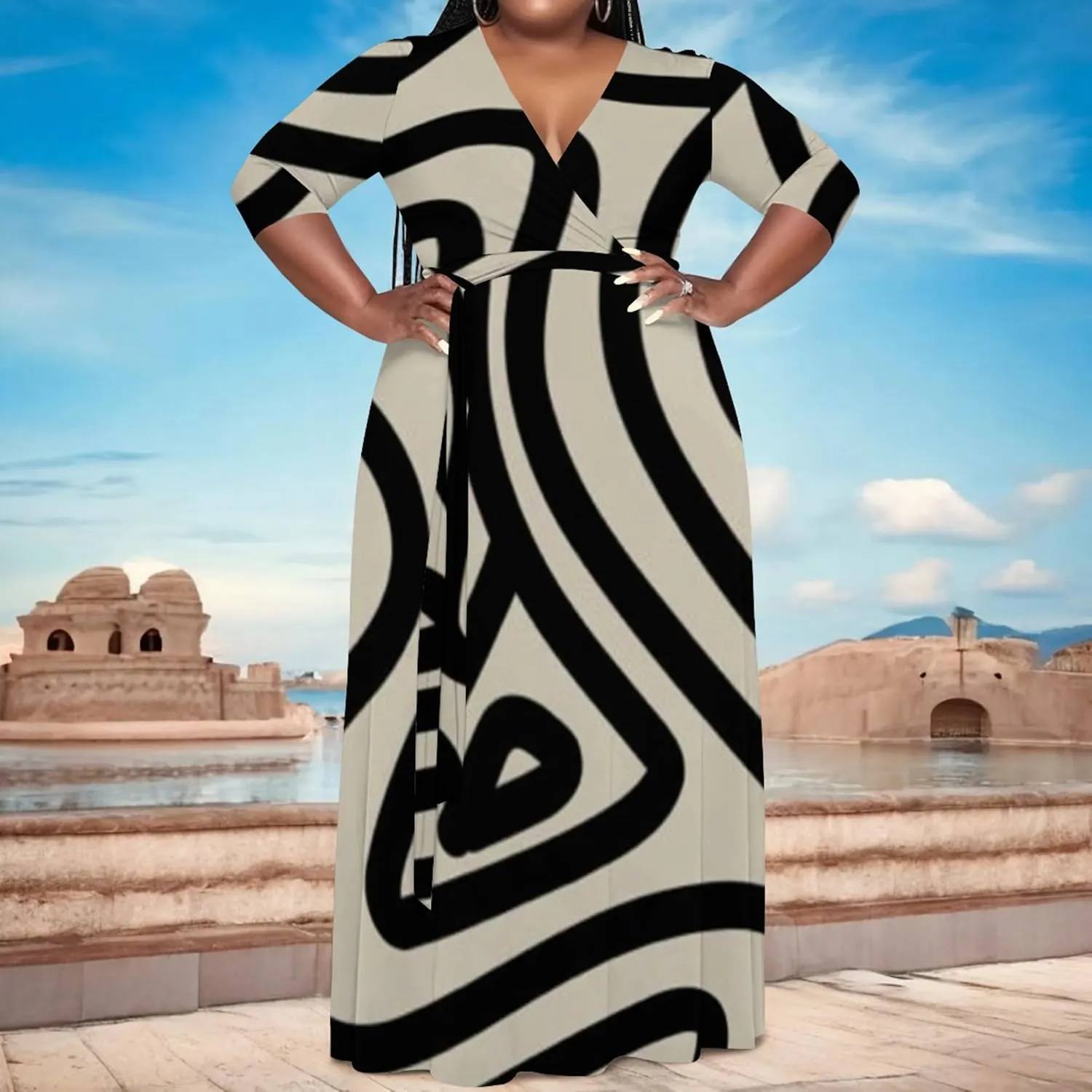 Women's Plus Size Maxi Dress African Art Pattern Print Flowing Dress Summer Sexy V Neck 3/4 Sleeve Dress with Belt