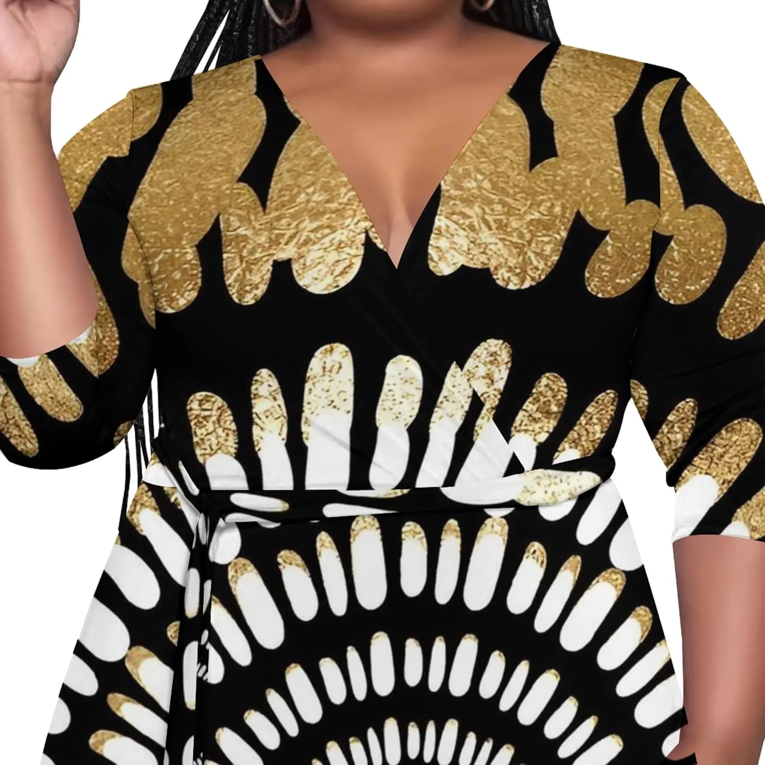Women's Plus Size Maxi Dress African Art Pattern Print Flowing Dress Summer Sexy V Neck 3/4 Sleeve Dress with Belt
