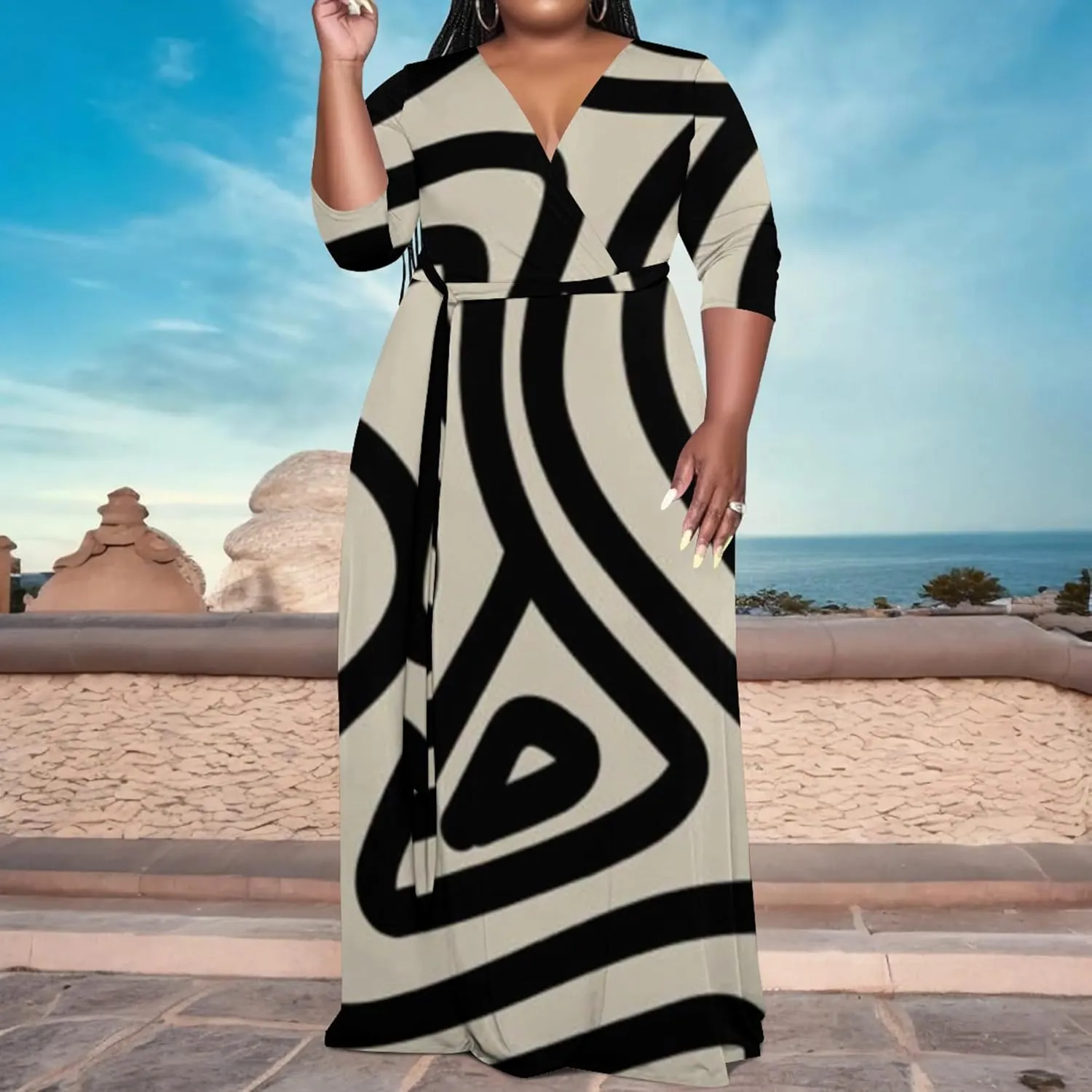 Women's Plus Size Maxi Dress African Art Pattern Print Flowing Dress Summer Sexy V Neck 3/4 Sleeve Dress with Belt