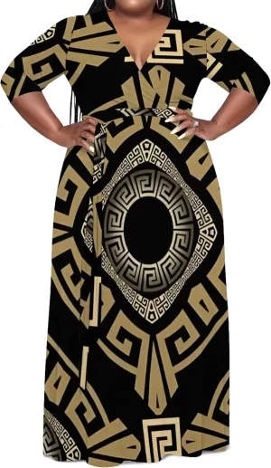 Women's Plus Size Maxi Dress African Art Pattern Print Flowing Dress Summer Sexy V Neck 3/4 Sleeve Dress with Belt