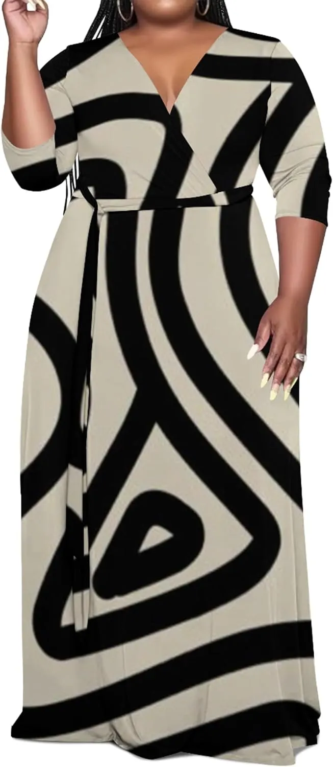 Women's Plus Size Maxi Dress African Art Pattern Print Flowing Dress Summer Sexy V Neck 3/4 Sleeve Dress with Belt