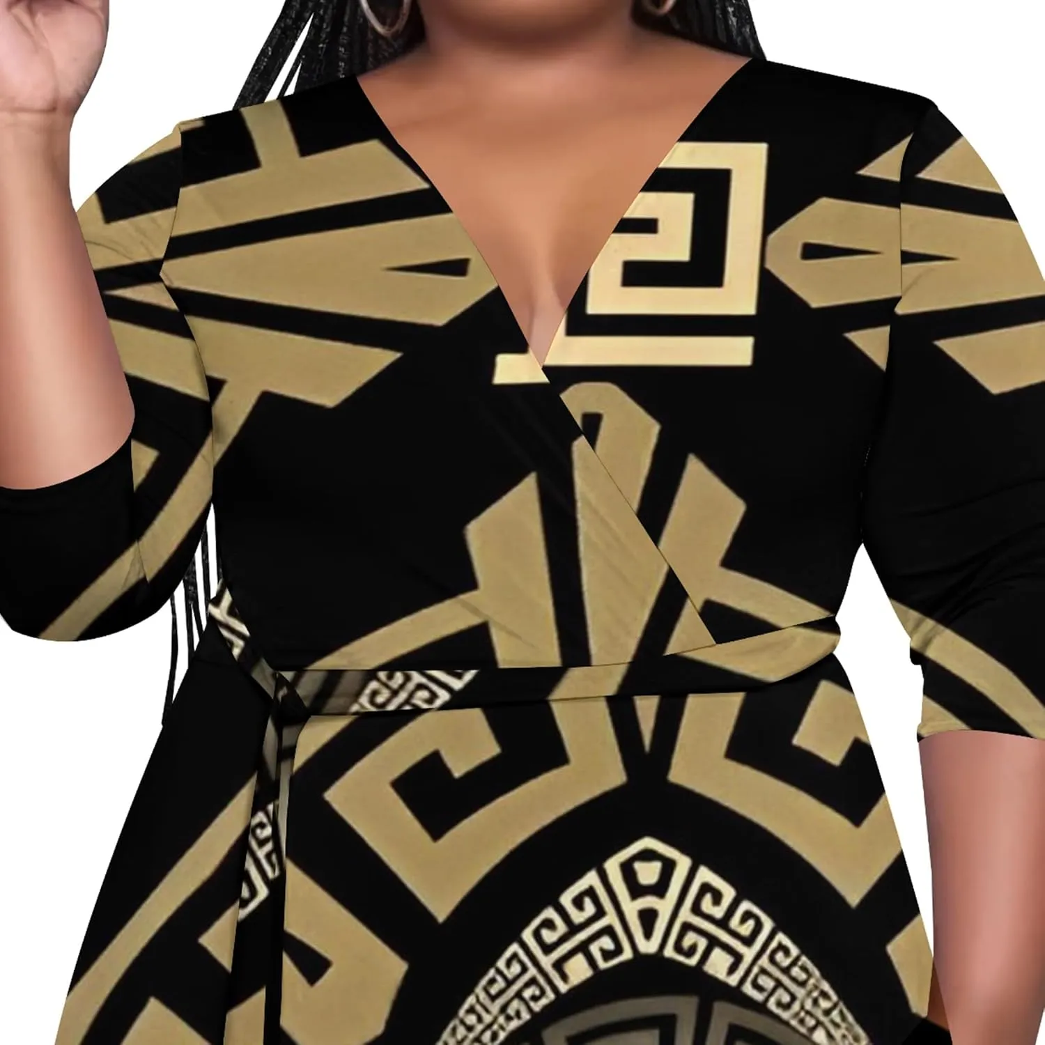 Women's Plus Size Maxi Dress African Art Pattern Print Flowing Dress Summer Sexy V Neck 3/4 Sleeve Dress with Belt