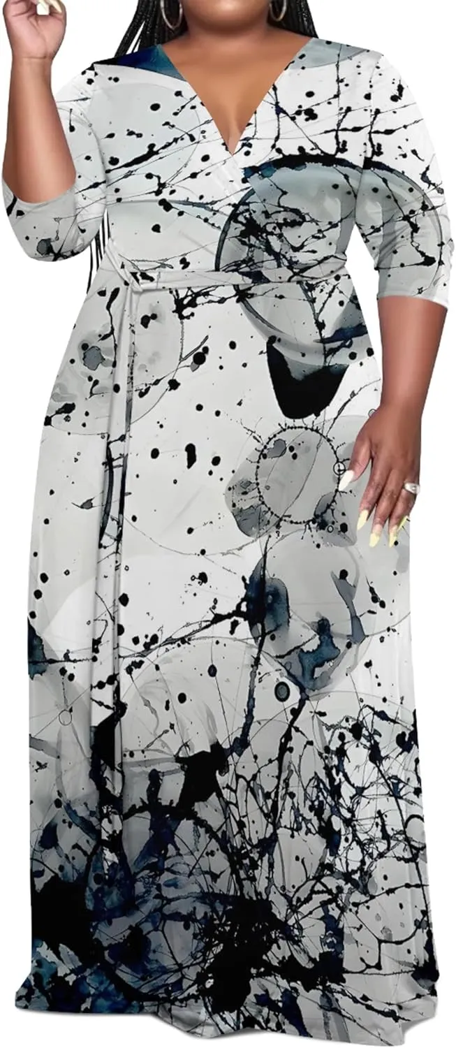 Women's Plus Size Maxi Dress African Art Pattern Print Flowing Dress Summer Sexy V Neck 3/4 Sleeve Dress with Belt