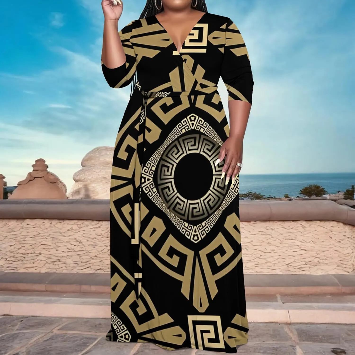 Women's Plus Size Maxi Dress African Art Pattern Print Flowing Dress Summer Sexy V Neck 3/4 Sleeve Dress with Belt