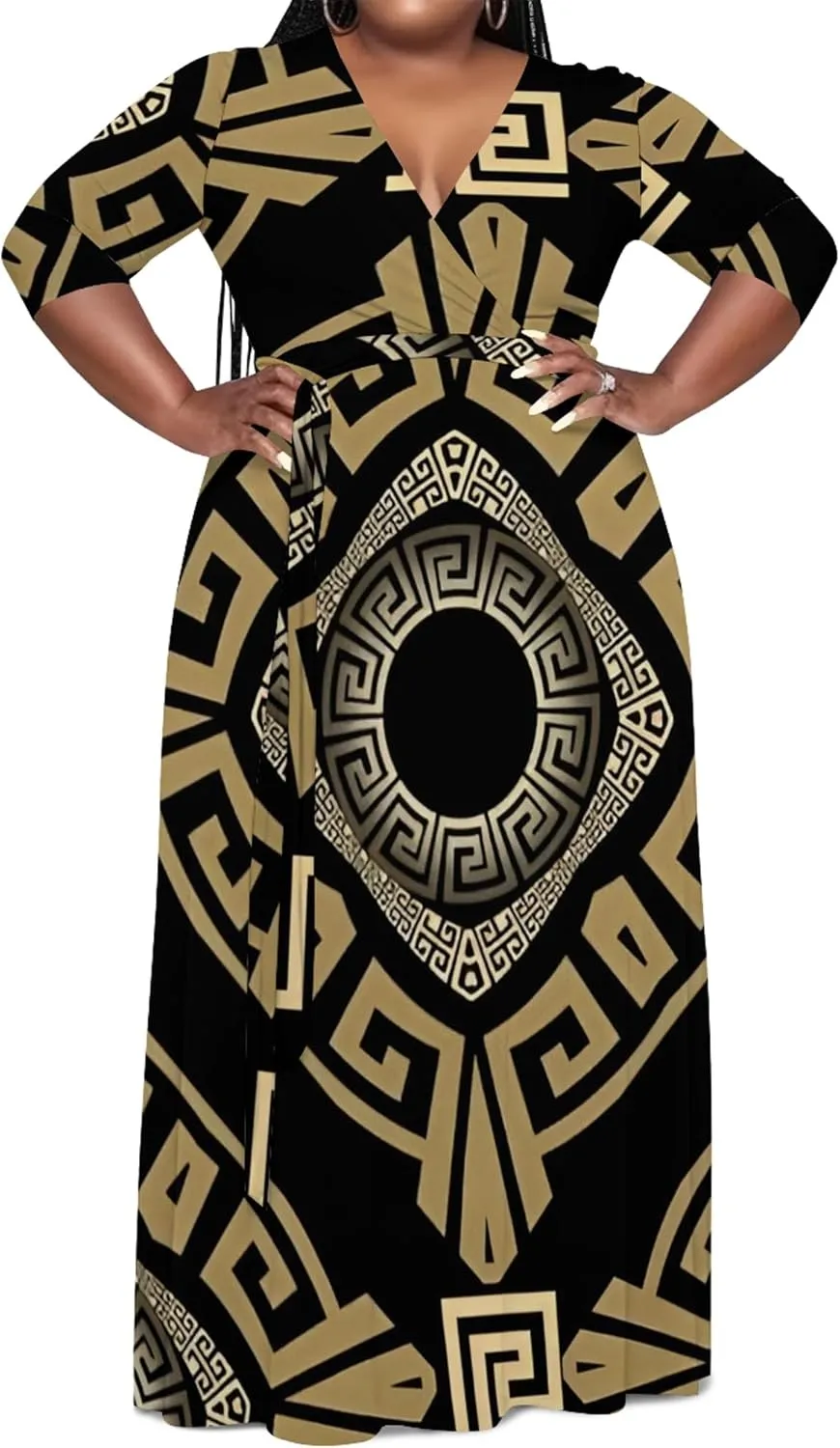 Women's Plus Size Maxi Dress African Art Pattern Print Flowing Dress Summer Sexy V Neck 3/4 Sleeve Dress with Belt