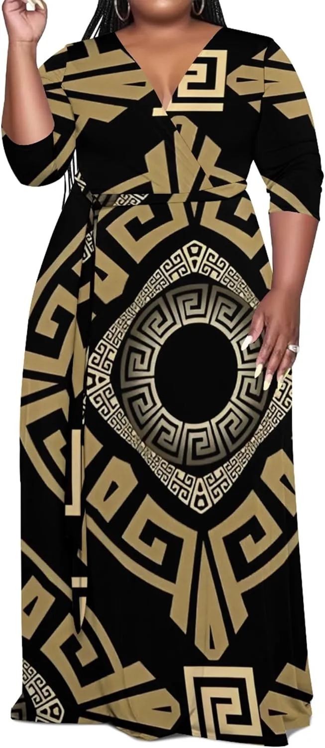 Women's Plus Size Maxi Dress African Art Pattern Print Flowing Dress Summer Sexy V Neck 3/4 Sleeve Dress with Belt