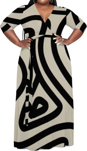 Women's Plus Size Maxi Dress African Art Pattern Print Flowing Dress Summer Sexy V Neck 3/4 Sleeve Dress with Belt