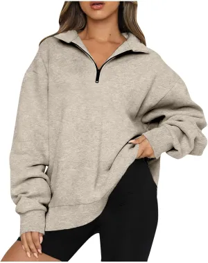Womens Quarter Zip Trendy Sweatshirts Plain Oversized Long Sleeve Loose Fit Casual Pullover Tops Fall Y2K Clothes