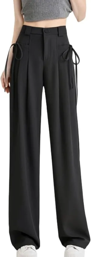 Women's Ruched Suit Pants Wide Leg Trousers Black Personality Lace Up with Pocket Elastic High Waist Baggy Pants Black XXL