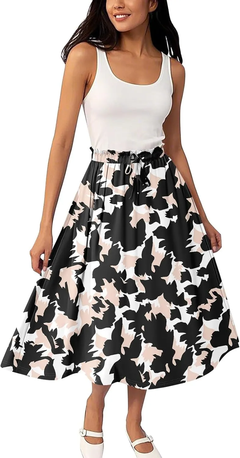 Women's Skirts Midi Flowy Summer Drawstring Elastic High Waist Knee Length Skirt A-Line Floral Pleated Skirt