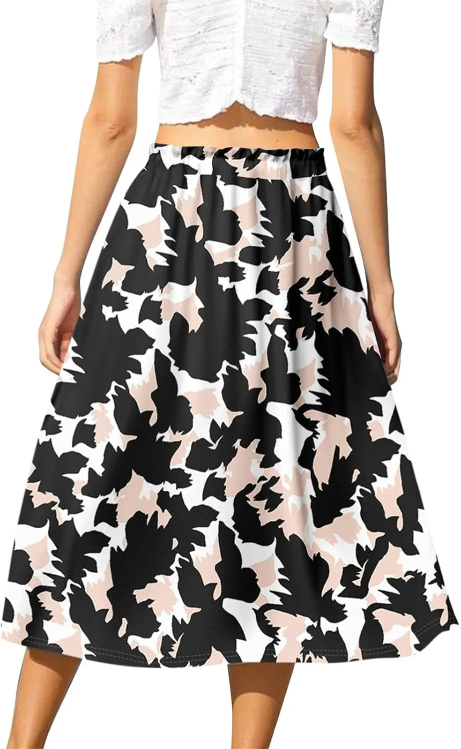 Women's Skirts Midi Flowy Summer Drawstring Elastic High Waist Knee Length Skirt A-Line Floral Pleated Skirt