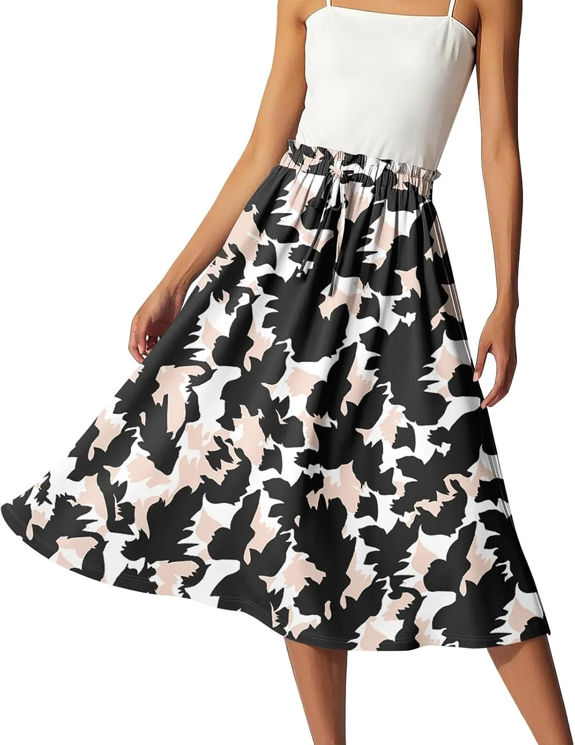 Women's Skirts Midi Flowy Summer Drawstring Elastic High Waist Knee Length Skirt A-Line Floral Pleated Skirt