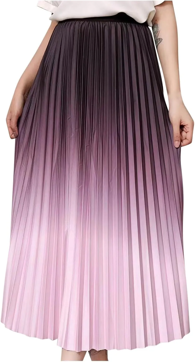Womens Skirts midi Length Elegant Pleated Midi Skirt Fashion High Waisted Flowy Skirt Gradient Color Half Skirts
