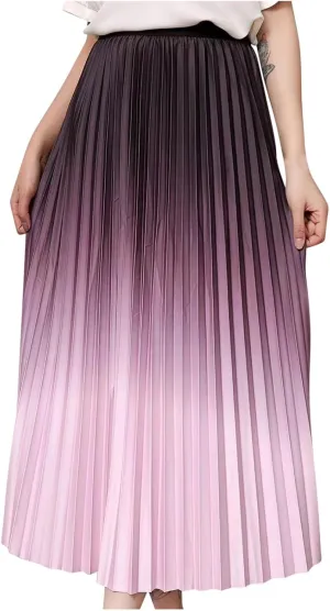 Womens Skirts midi Length Elegant Pleated Midi Skirt Fashion High Waisted Flowy Skirt Gradient Color Half Skirts