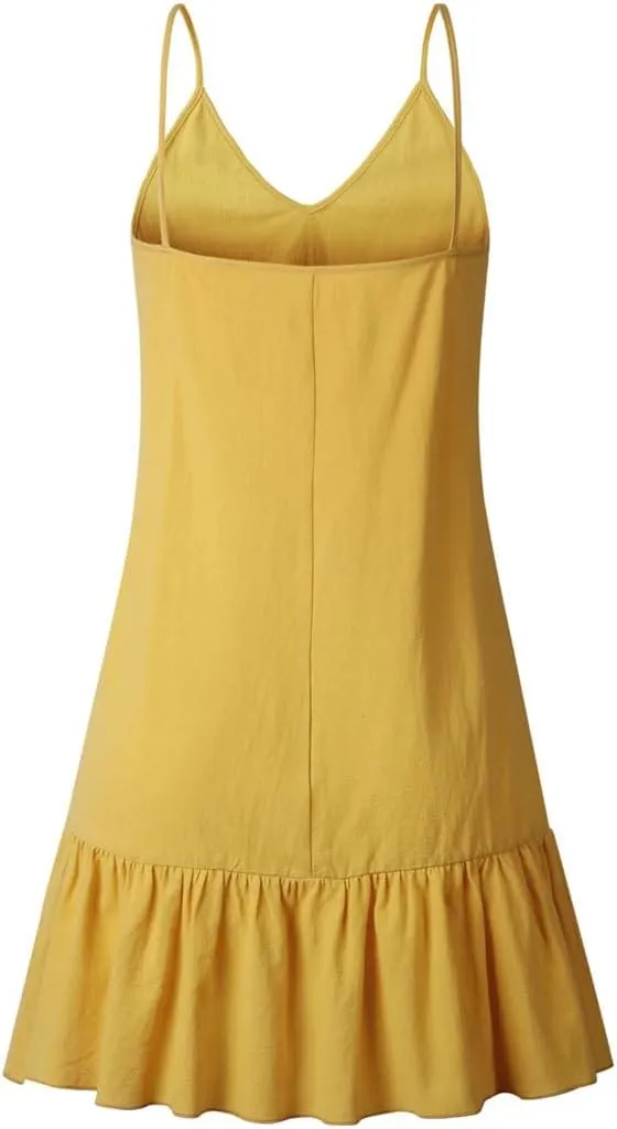 Womens Spaghetti Strap Off-Shoulder Dress Summer Cotton Mini Shift Sundress Ruffle Beach Party