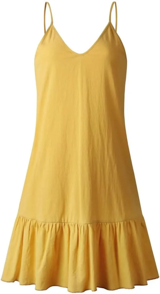 Womens Spaghetti Strap Off-Shoulder Dress Summer Cotton Mini Shift Sundress Ruffle Beach Party