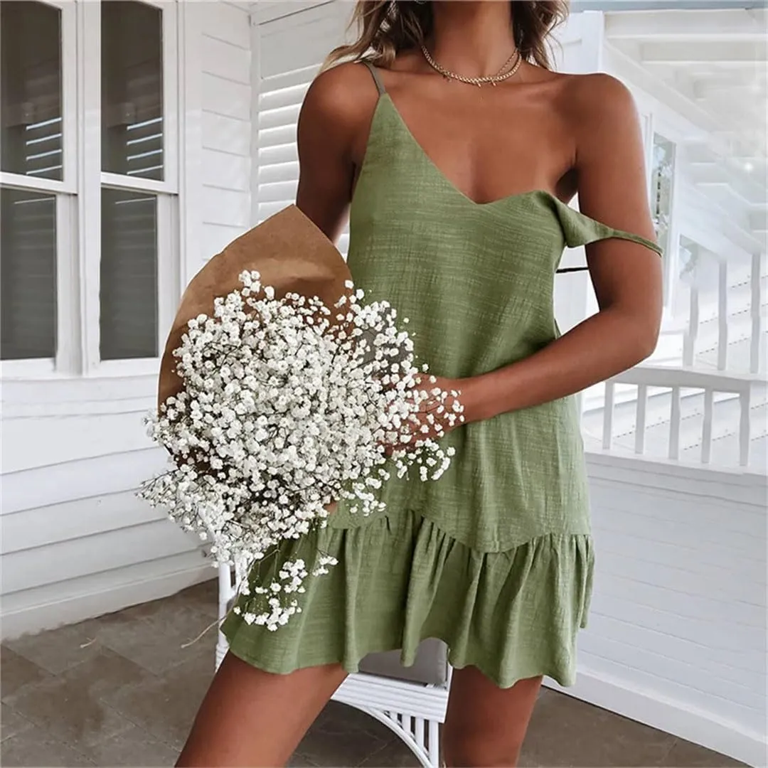 Womens Spaghetti Strap Off-Shoulder Dress Summer Cotton Mini Shift Sundress Ruffle Beach Party