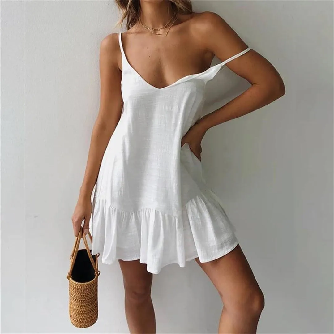 Womens Spaghetti Strap Off-Shoulder Dress Summer Cotton Mini Shift Sundress Ruffle Beach Party