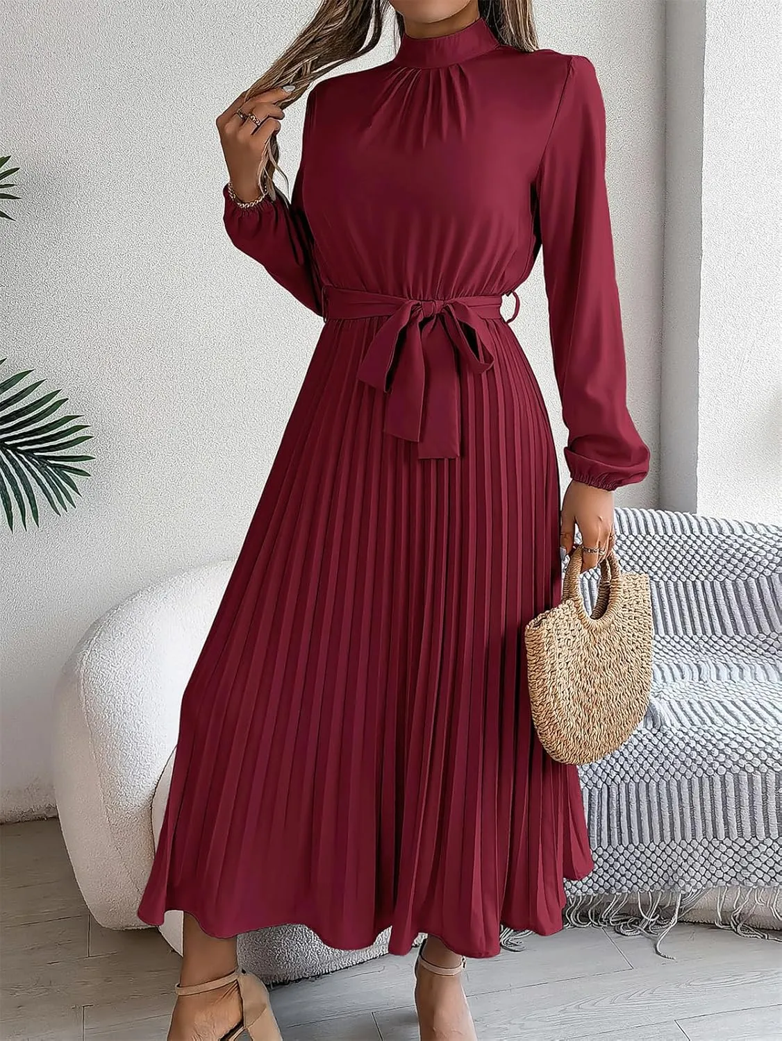Women's Stand Collar Long Sleeve Pleated Maxi Dress Elastic High Waist A-Line Dress Midi Skirt with Belt