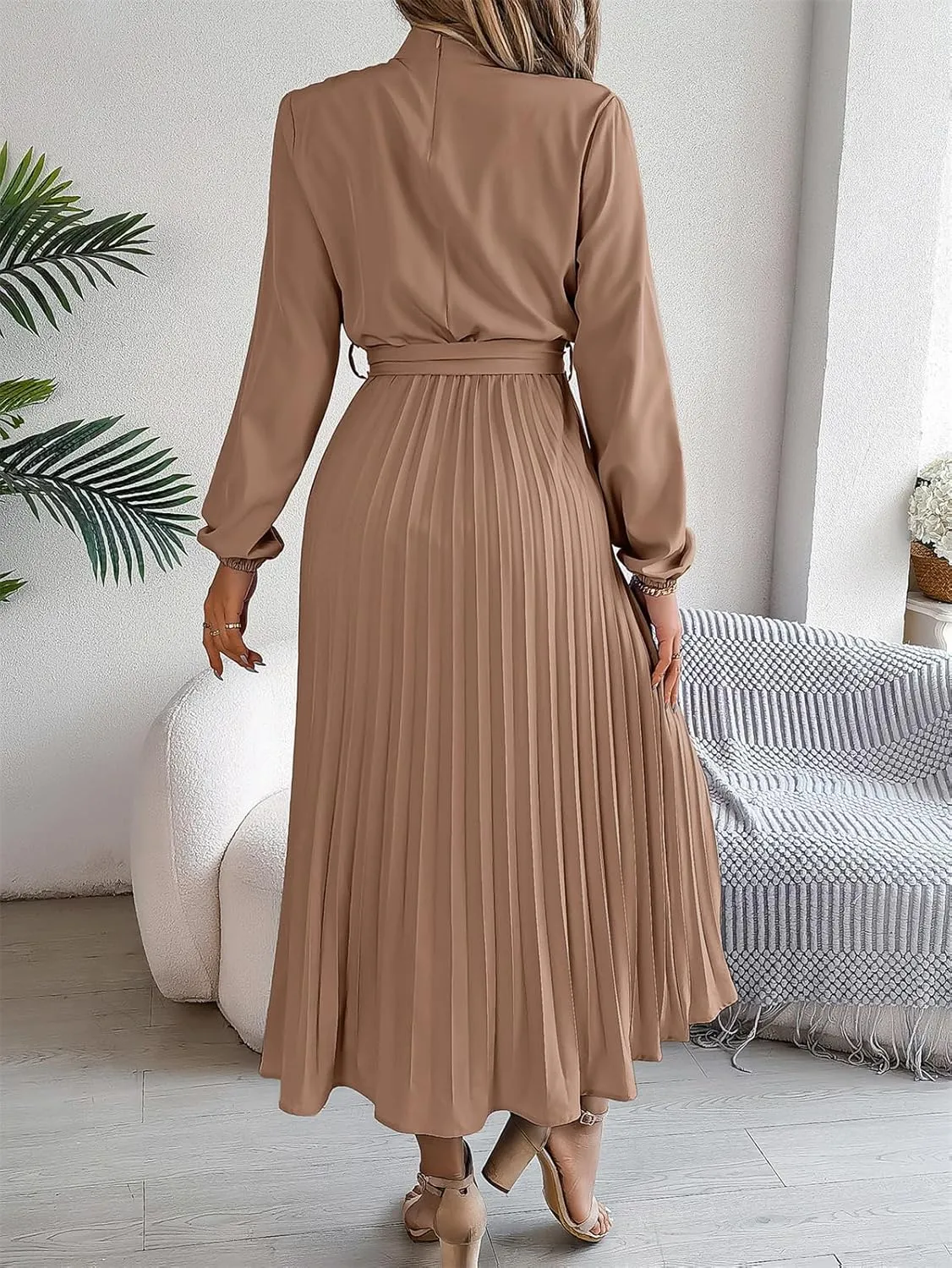 Women's Stand Collar Long Sleeve Pleated Maxi Dress Elastic High Waist A-Line Dress Midi Skirt with Belt