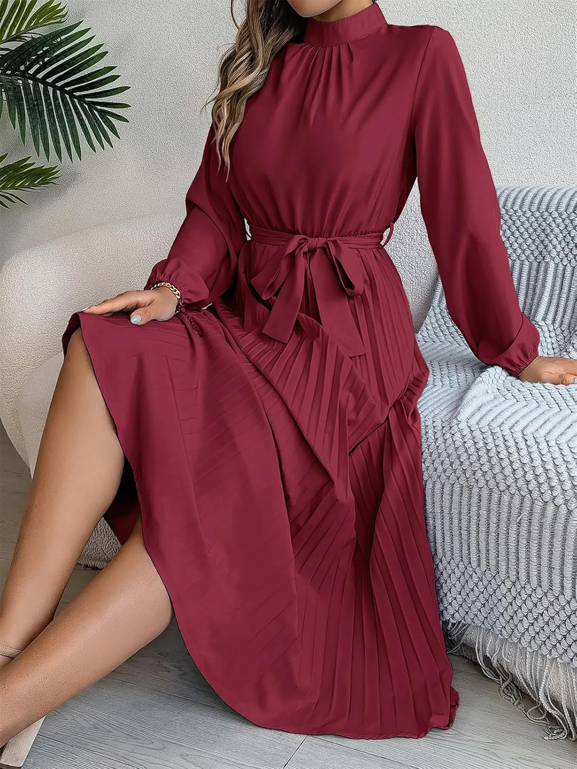 Women's Stand Collar Long Sleeve Pleated Maxi Dress Elastic High Waist A-Line Dress Midi Skirt with Belt