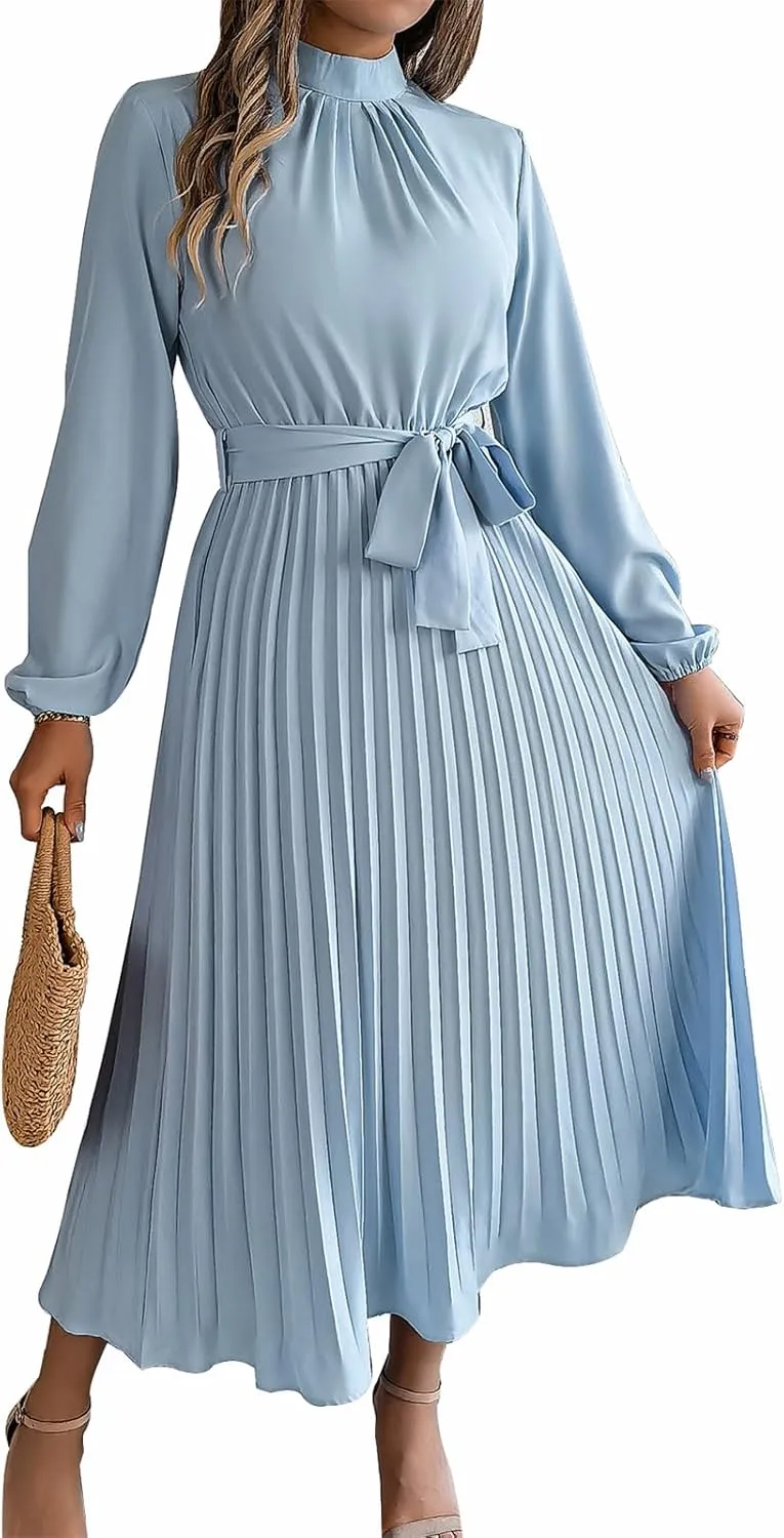 Women's Stand Collar Long Sleeve Pleated Maxi Dress Elastic High Waist A-Line Dress Midi Skirt with Belt