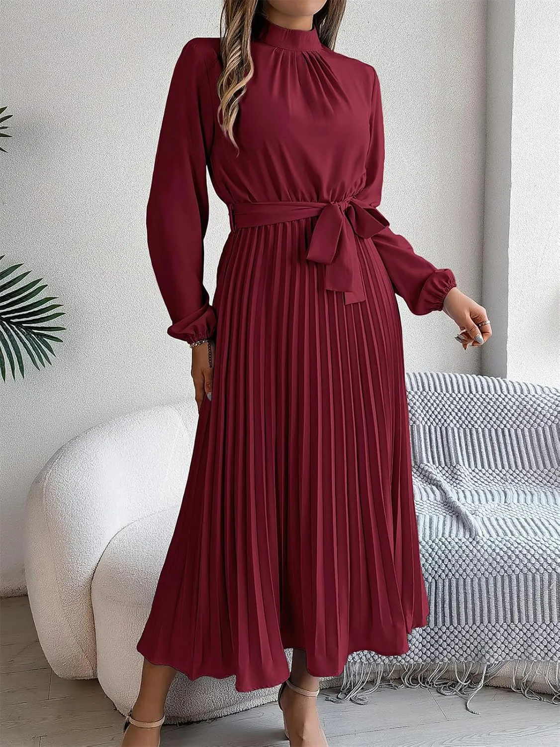 Women's Stand Collar Long Sleeve Pleated Maxi Dress Elastic High Waist A-Line Dress Midi Skirt with Belt